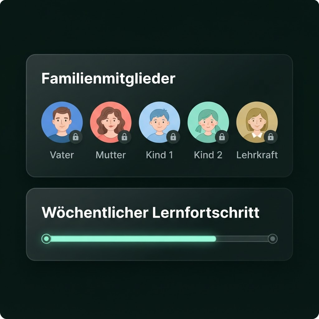 Abstrakte Darstellung eines Familien-Profil-Wechslers mit mehreren Kinderprofilen und einem Nachhilfelehrer-Profil, jeweils mit PIN-Schutz.