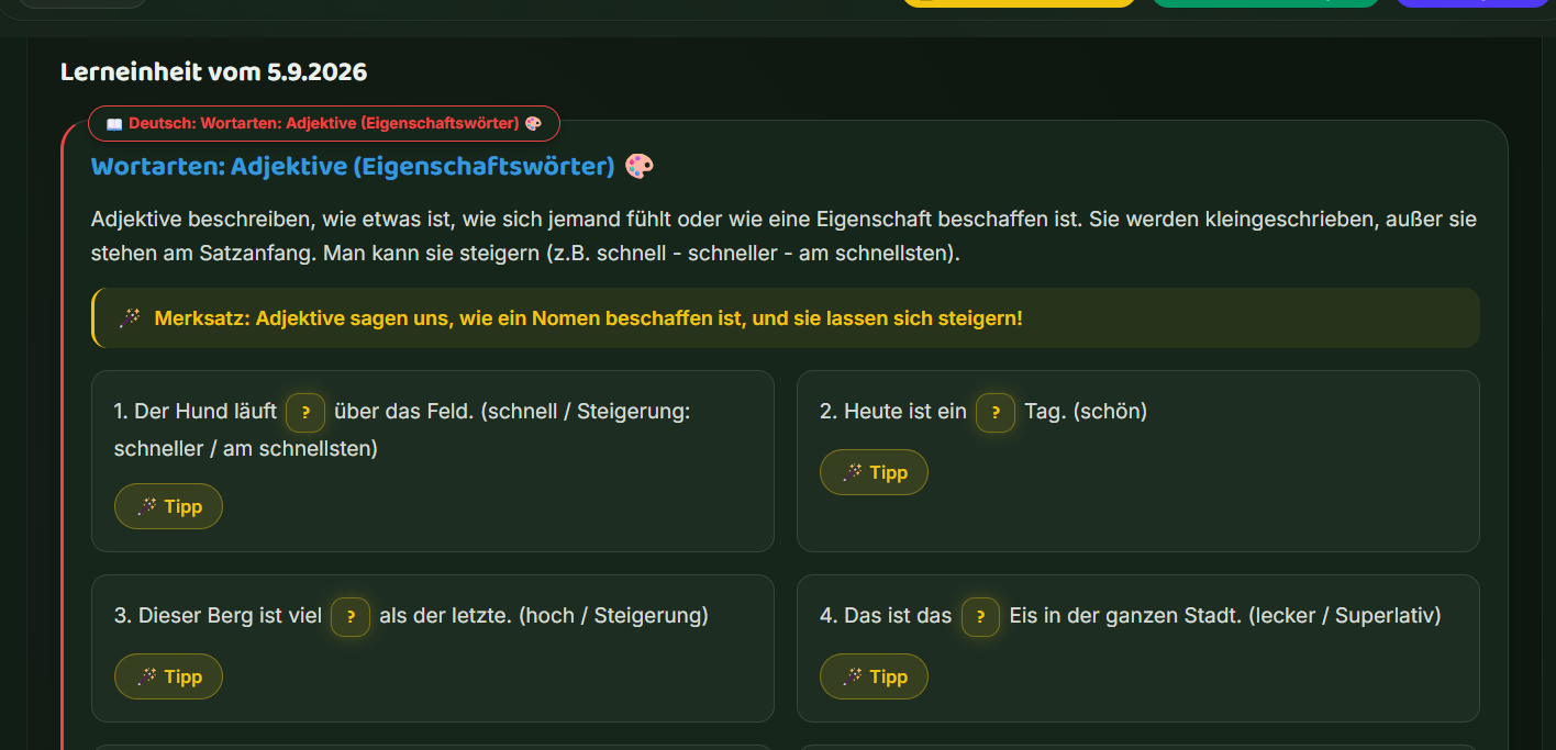 Beispiel-Übung zu Wortarten (Adjektive) im Fach Deutsch mit Merksatz und mehreren Lückentext-Aufgaben inklusive Tipp-Buttons